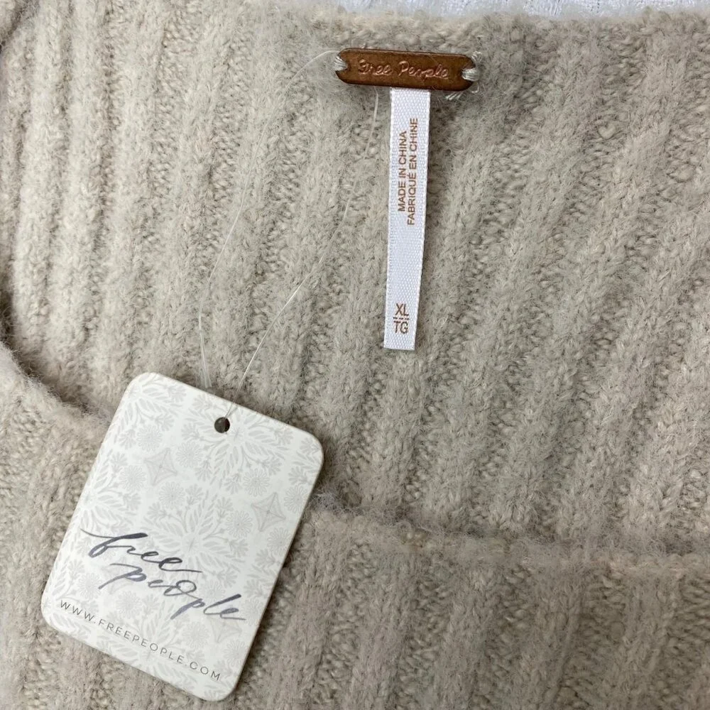 Free People Katie Sand Brushed Knit square neck puff sleeve Pullover Women’s XL